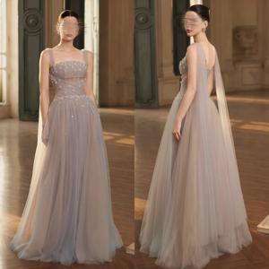 맞춤형 네트 아플리케 구슬 스파게티 스트랩 a 라인 롱 드레스 맞춤형 행사 이브닝 파티 가운 화려한 매력적인