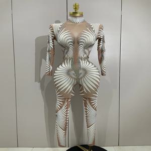 스톡 무대 의상 반짝이는 다이아몬드 여성 섹시 메쉬 점프수트 나이트클럽 바 파티 쇼 고고 댄서 의류 드랙퀸 의상