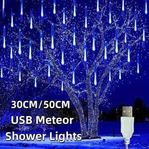 30/50cm USB LED 유성우 조명 떨어지는 비 드롭 요정 문자열 빛 크리스마스 파티 정원 휴일 장식