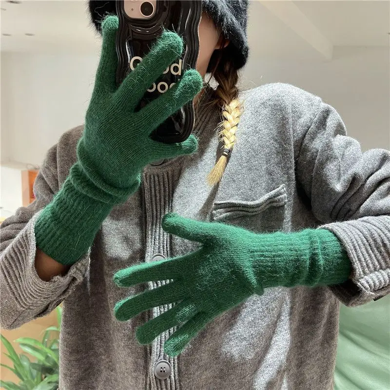 스트라이프 열 니트 장갑 토끼 모피 두꺼운 가을 겨울 따뜻한 장갑 내한성 방풍 분할 손가락 긴 장갑