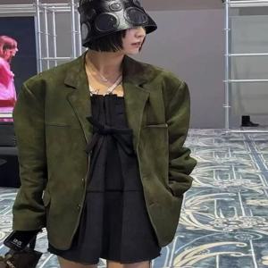 레트로 가죽 의류 여성용 키드 스웨이드 자켓 하이 센스 루즈 오버 사이즈 슈트 블레이저 여성 캐주얼 코트 streetwear