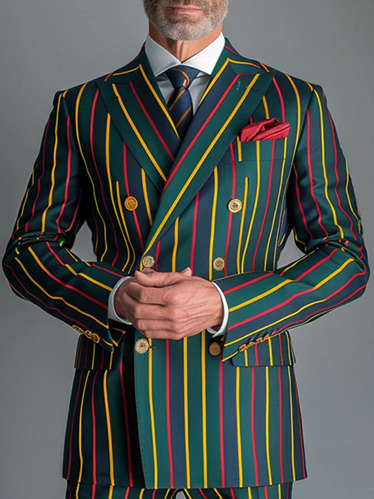 남성용 더블 브레스트 블레이저, 화려한 세로 스트라이프 디자인, 고급 골드 버튼, 패셔너블한 정장 파티/프롬 블레이저