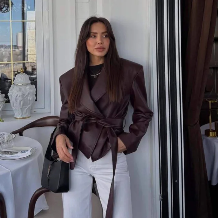 스타일리시 레이스업 바이커 가죽 재킷 쿨 스파이시 벨티드 숏 코트 여성용 캐주얼 슬림 핏 긴팔 봄 아우터웨어