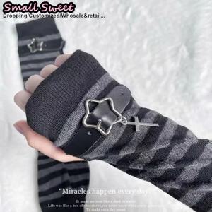 여성용 니트 고딕 로리타 Y2K 소녀 로리타 JK 고스 스트라이프 소매 커버 반장갑 팔 워머 손목 커프스 보온 장갑