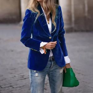 여성용 우아한 오피스룩 벨벳 블레이저 수트 노치드 칼라 솔리드 미니멀리스트 캐주얼 싱글 버튼 재킷 가을 아우터