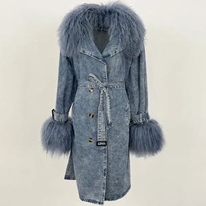 레이디 데님 재킷 패션 몽골리안 퍼 칼라 재킷 가을 겨울 2025 롱 트렌치 코트 탈부착 가능한 퍼 칼라 퍼 오버코트