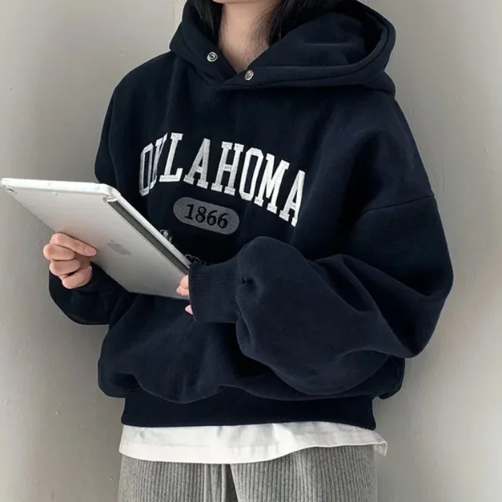 두꺼운 자수 레터 플리스 후드티 시크 빈티지 디자인 여성 스웨트셔츠 한국 스타일 긴팔 면 폴리에스터