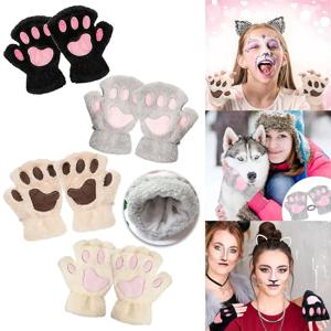 여성용 겨울 플러시 장갑, 고양이 발 디자인 - 반손가락 따뜻한 장갑, 사무실 사용, 사이클링 및 야외 활동에 적합