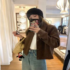 레트로 스타일 여성 스웨이드 재킷 짧고 얇은 루즈핏 봄 가을 스트리트웨어 패션 애플형 체형 캐주얼 탑