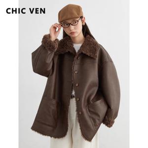 CHIC VEN 여성 인조 가죽 재킷 코트 루즈 캐주얼 리버시블 미드 길이 오버코트 레트로 여성 아우터웨어 가을 겨울 2025
