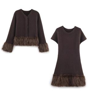 가을 신상 여성 의류 유럽 및 미국 인조 모피 효과 스플라이싱 니트 코트 니트 드레스 세트