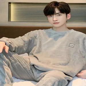 남성용 따뜻한 코랄 플리스 잠옷 겨울 세트 봄 가을 겨울 스타일 오버사이즈 플리스 안감 홈웨어 청소년 및 성인용