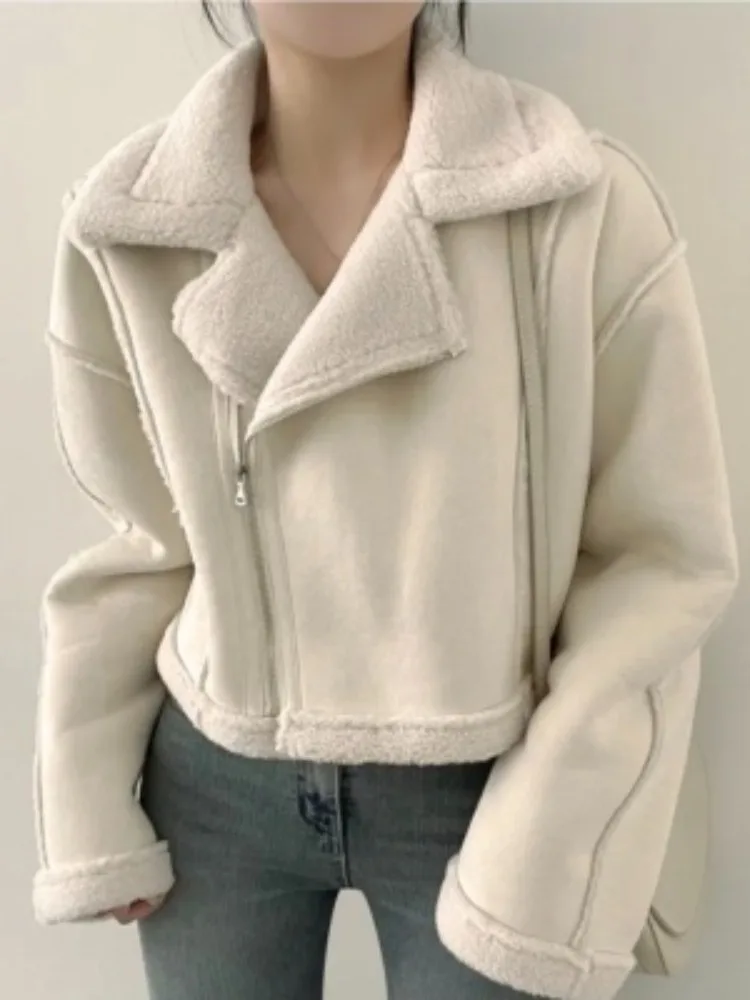 시크한 가을 겨울 레트로 지퍼 칼라 스웨이드 숏 재킷 여성용 플리스 안감 두꺼운 모터사이클 의류 한국 스타일 여성복