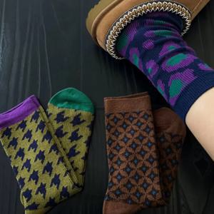 3 짝/대 여성 빈티지 기하학 양말 중반 튜브 양말 더블 바늘 더블 경로 패션 디자인면 양말