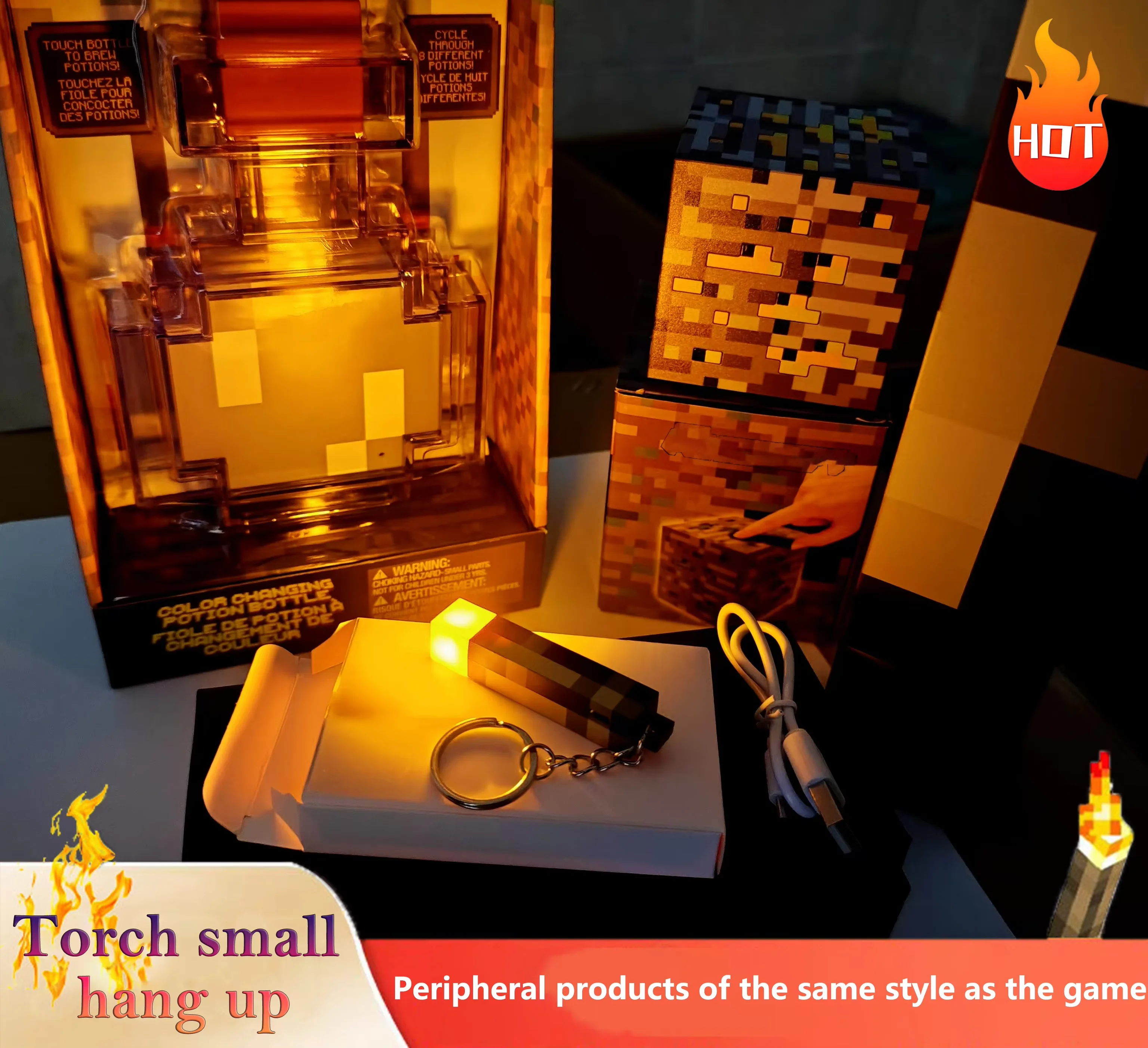 MC 게임 미니 토치 손전등 LED 라이트 USB 충전식 토치 키체인 배낭 펜던트 선물 미니어처 장식품