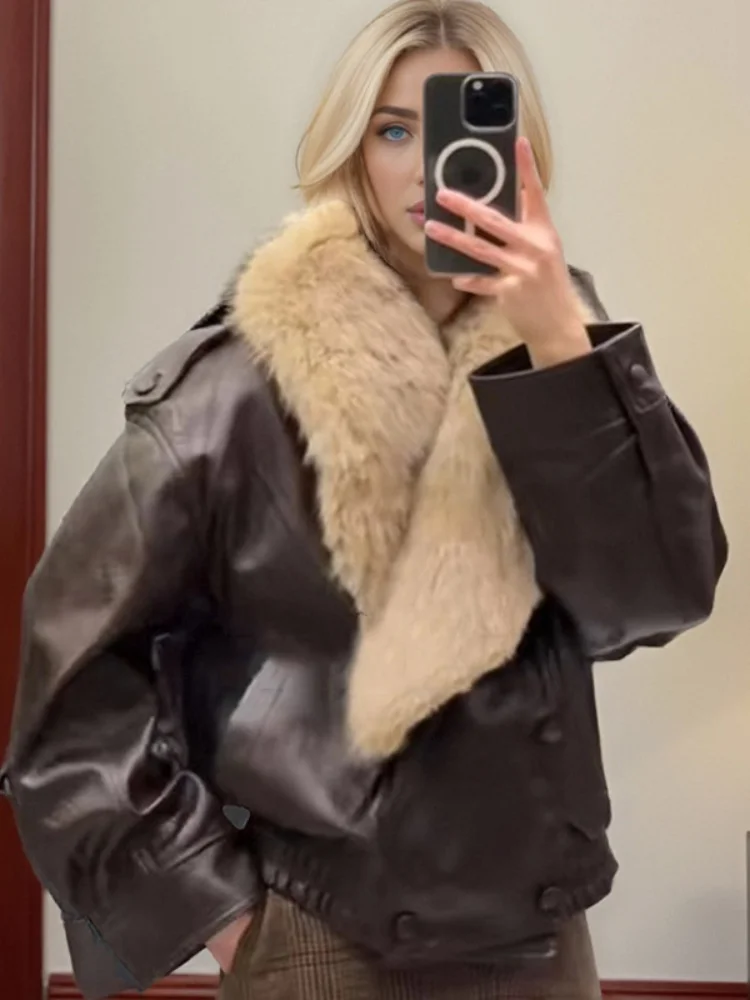 브라운 인조 모피 칼라 가죽 재킷 여성용 오버사이즈 디자인 긴 소매 코트 2025 패션 럭셔리 다용도 파티 아우터웨어