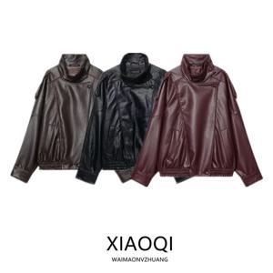 2025년 신상 가을 여성 파일럿 재킷 인조 가죽 스탠드 칼라 지퍼 클로저 숏 아우터웨어 패션 출퇴근 스타일 루즈핏