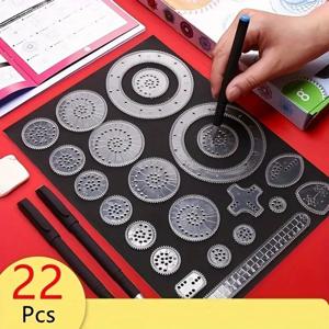 검은 종이에 정교한 디자인을 위한 22피스 기어 드로잉 자 세트, 스텐실 및 마커 포함, 내구성 있는 PC 소재