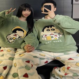 커플 겨울 잠옷 세트 두꺼운 코랄 플리스 안감 귀여운 만화 프린트 캐주얼 홈웨어 부드러운 라운드 넥 긴팔 잠옷