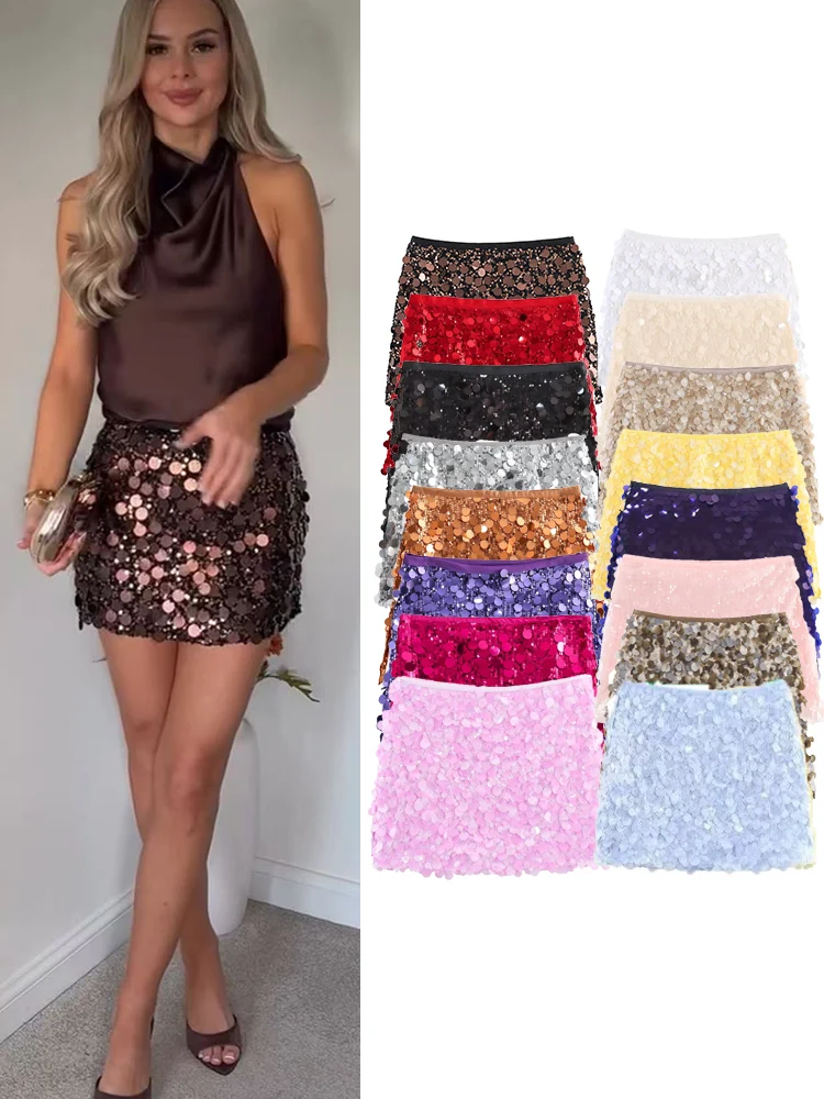 여성용 스팽글 짧은 치마 솔리드 A라인 미니 사이드 지퍼 하이 웨이스트 패션 스트리트웨어 여성 시크 캐주얼 스커트 신상품