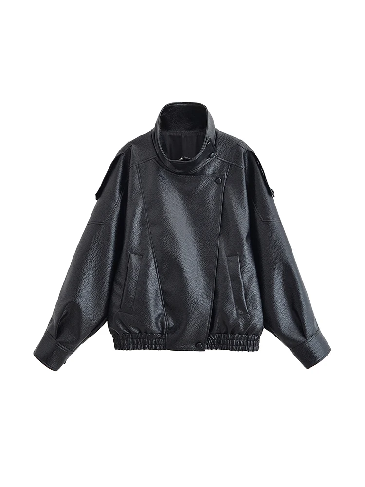 여성용 패션 인조 가죽 오버사이즈 재킷 긴 소매 앞 지퍼 시크 아우터웨어 여성 상의
