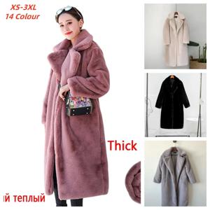 겨울 여성용 고품질 인조 토끼털 코트 럭셔리 롱 퍼 코트 루즈 라펠 오버코트 두꺼운 따뜻한 플러스 사이즈 여성용 플러시 코트