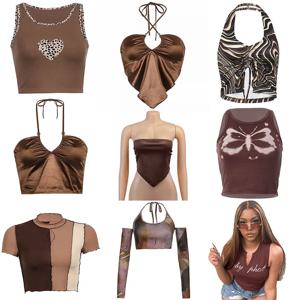 브라운 2021 빈티지 옷, Y2k 코르셋 크롭탑, 여성 고딕 섹시 사이버 베이비 티, 미적 그런지 90 년대 로파 페어리코어, 여름 신상