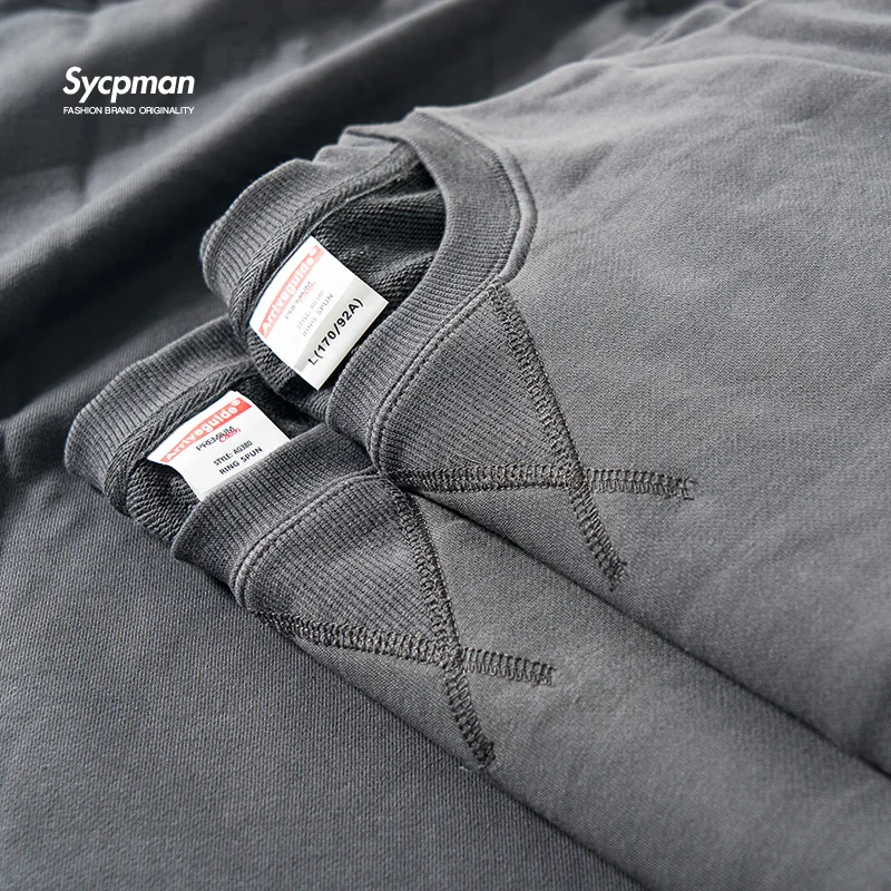 380g 꽉 일치 무거운 역 삼각형 느슨한 다목적 솔리드 코튼 빈티지 가을 겨울 긴 소매 라운드 넥 스웨터