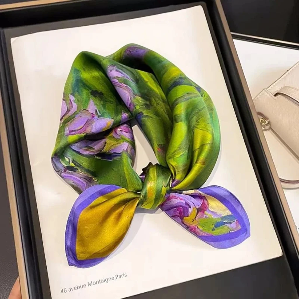 2025 패션 100% 실크 스카프 53cm 정사각형 반다나 여성용 실크 고급스러운 작은 스카프 넥 장식 랩 프린트 스카프