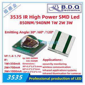 3535 IR SMD LED 고출력 적외선 IR 850nm 940nm LED, 1W, 2W, 3W, 30 °, 60 °, 120 ° 도, 10 개