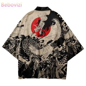 전통 사무라이 기모노 남성 일본 애니메이션 드래곤 프린트 코스프레 하오리 여성 여성 카디건 유카타 셔츠 여름 가운
