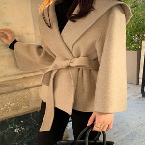 여성용 두꺼운 울 코트 가을 겨울 캐주얼 모자 디자인 하이웨이스트 한국 스타일 긴 소매 단색 스트리트 스타일 재킷