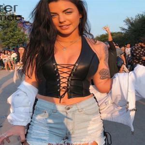 Sisterlinda 섹시한 펑크 Y2K 블랙 PU 가죽 자르기 탑 여성 민소매 딥 브이 넥 백리스 캐미솔 패션 파티 클럽 Vests2021