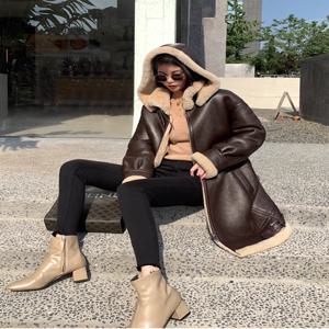 여성용 정품 양가죽 시어링 재킷, 두꺼운 울 라이너, 후드 다크 브라운 플러스 사이즈, 7XL, 겨울 롱 코트, 2024