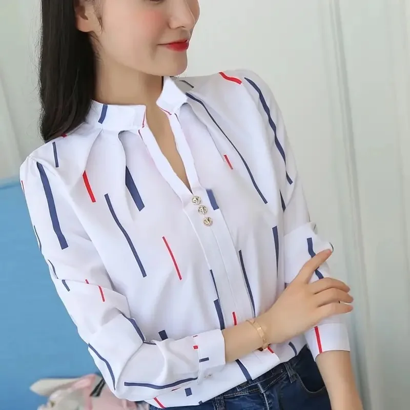 여성 화이트 탑 블라우스 패션 스트라이프 프린트 캐주얼 긴 소매 사무실 레이디 OL 셔츠 Slim Blusas DF4970