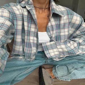 Mumaroho 2024 여성 가을 ​​겨울 긴 소매 파란색 격자 무늬 셔츠 빈티지 오버 사이즈 루즈 피트 블라우스 여성용