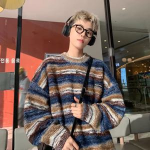 미국 스타일 남성용 레인보우 스트라이프 니트 스웨터 라운드 넥 베이스 레이어 탑 레이지 스타일 가을 겨울 신상품