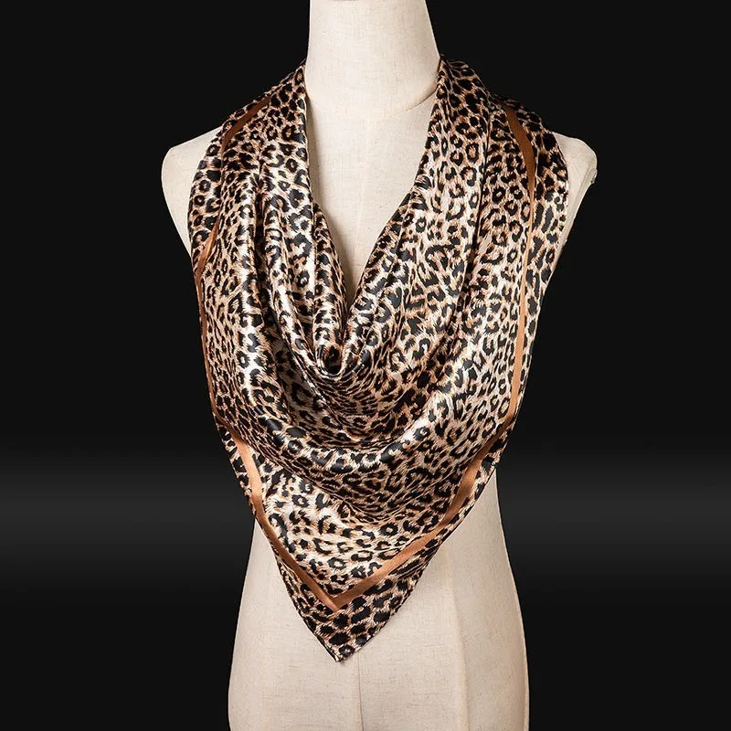 90cm 레오파드 프린트 새틴 마감 스카프 - 여성용 경량 시뮬레이션 실크 스퀘어 봄 여름 다용도 시크
