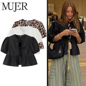 여성 러플 블라우스 퍼프 소매 셔츠 및 블라우스 여성용 화이트 블랙 루슈 크롭탑 여성 루슈 블라우스