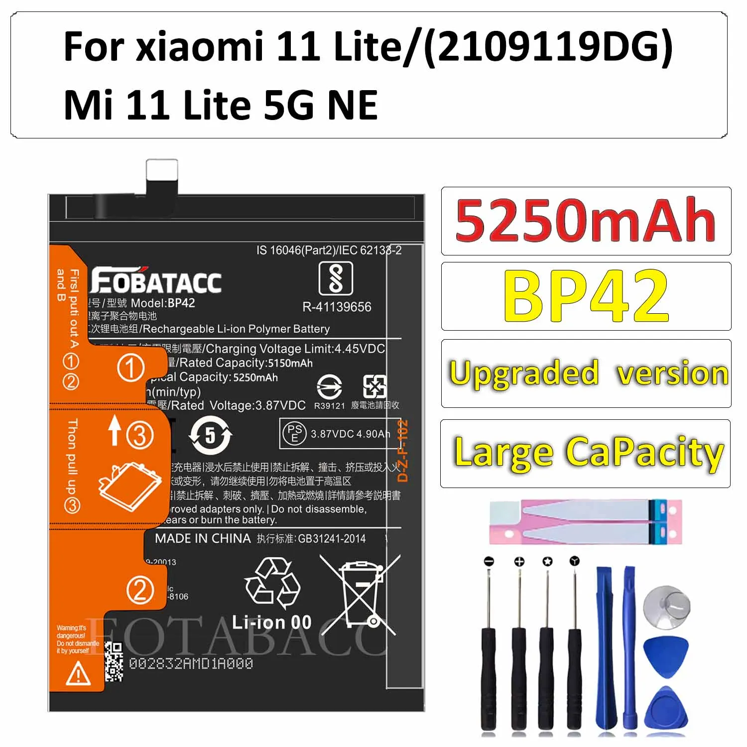 EOTABACC 100% 새 원본 배터리 BP42 5250mAh XIAOMI 11 Lite/Mi 11 Lite 5G NE / 2109119 DG 배터리 +도구