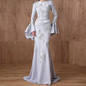 맞춤 제작된 정교한 3D 꽃 장식의 셀럽 드레스, 섬세한 머메이드 롱 슬리브 이브닝 드레스, 우아한 O넥 저지 소재의 로브 드 소와레