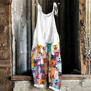 2024 새로운 여성 여름 세련된 빈티지 점프 슈트 귀여운 강아지 3D 인쇄 타이 백 바지 편안한 캐주얼 플러스 사이즈 점프 슈트 여성