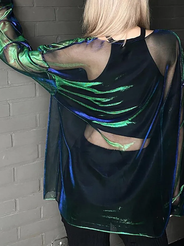 여성용 T 셔츠를 통해 볼 수 있습니다 Y2k 의류 섹시한 자르기 탑 긴 소매 오버 사이즈 Tshirt o 넥 클럽 복장 반사 Egirl 티셔츠