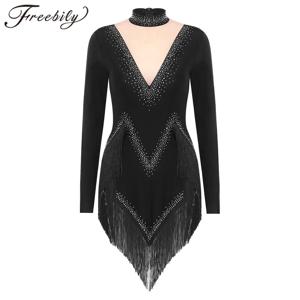 여성용 술 라틴 댄스 드리 워진 바디 슈트 긴 소매 레오타드 드레스 삼바 차차 탱고 댄스웨어 무대 공연 의상