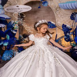 우아한 꽃 소녀 원피스, 결혼식용 새틴 아플리케 스팽글, 반짝이는 어린이 생일 파티, 첫 성찬식 무도회 가운