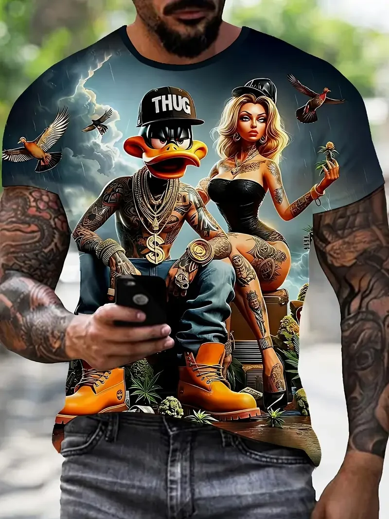 재미있는 남성용 만화 오리 프린트 티셔츠, 캐주얼 반팔 풀오버, 야외 남성 오버지드 의류, 여름 패션 티셔츠