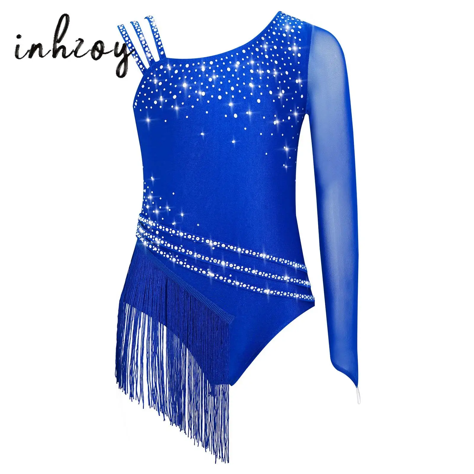 여아 비대칭 숄더 프린지 댄스 레오타드 라인스톤 피겨스케이팅 리듬체조 태슬 바디수트 드레스 댄스웨어
