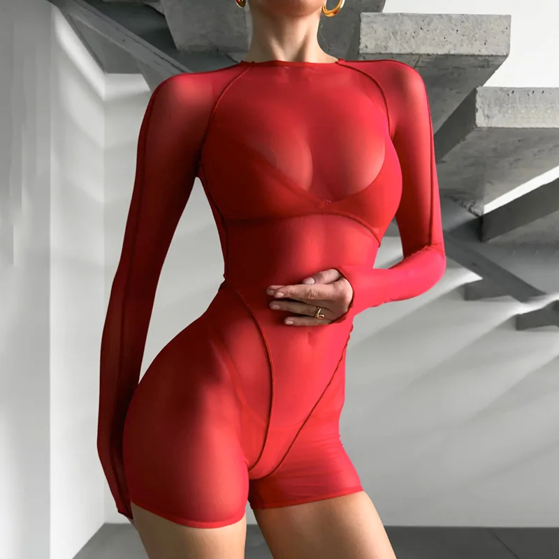 BKLD 봄 2025 새로운 여성 의류 섹시한 파티 Clubwear 메쉬 패션 인쇄 관점 긴 소매 라운드 넥 Bodycon Rompers