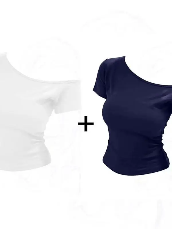 슬림핏 아메리칸 스타일 반팔 티셔츠 어깨 노출 여름 신상품 다용도 짧은 길이 단색 여성 상의