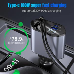 120W 4 IN 1 개폐식 차량용 충전기 USB C 케이블 (iPhone 용) Huawei Samsung 고속 충전 코드 담배 라이터 어댑터 PD QC3.0